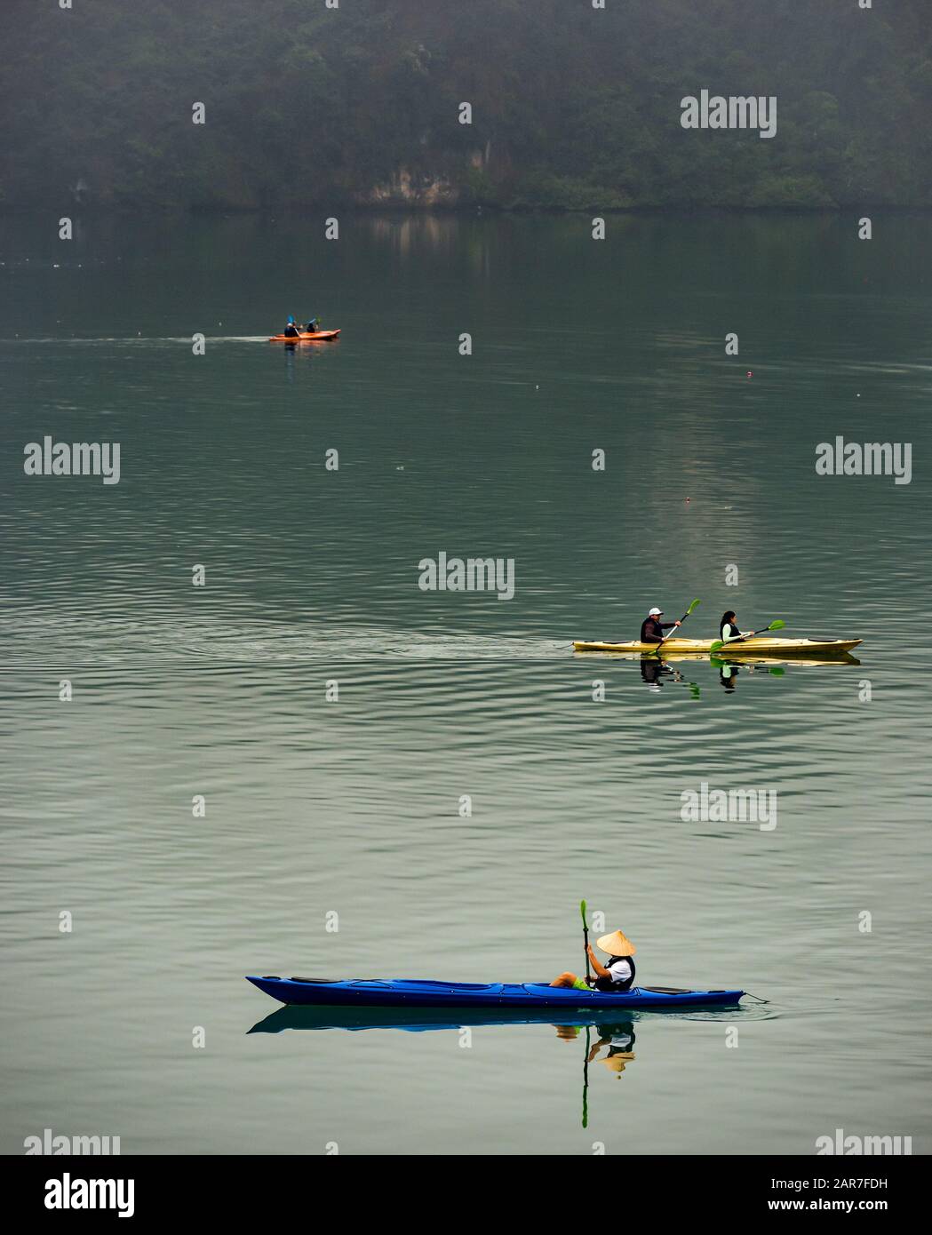 Touristen paddeln bei nebligen Wetter in Kajaks, Lan ha Bay, Vietnam, Asien Stockfoto