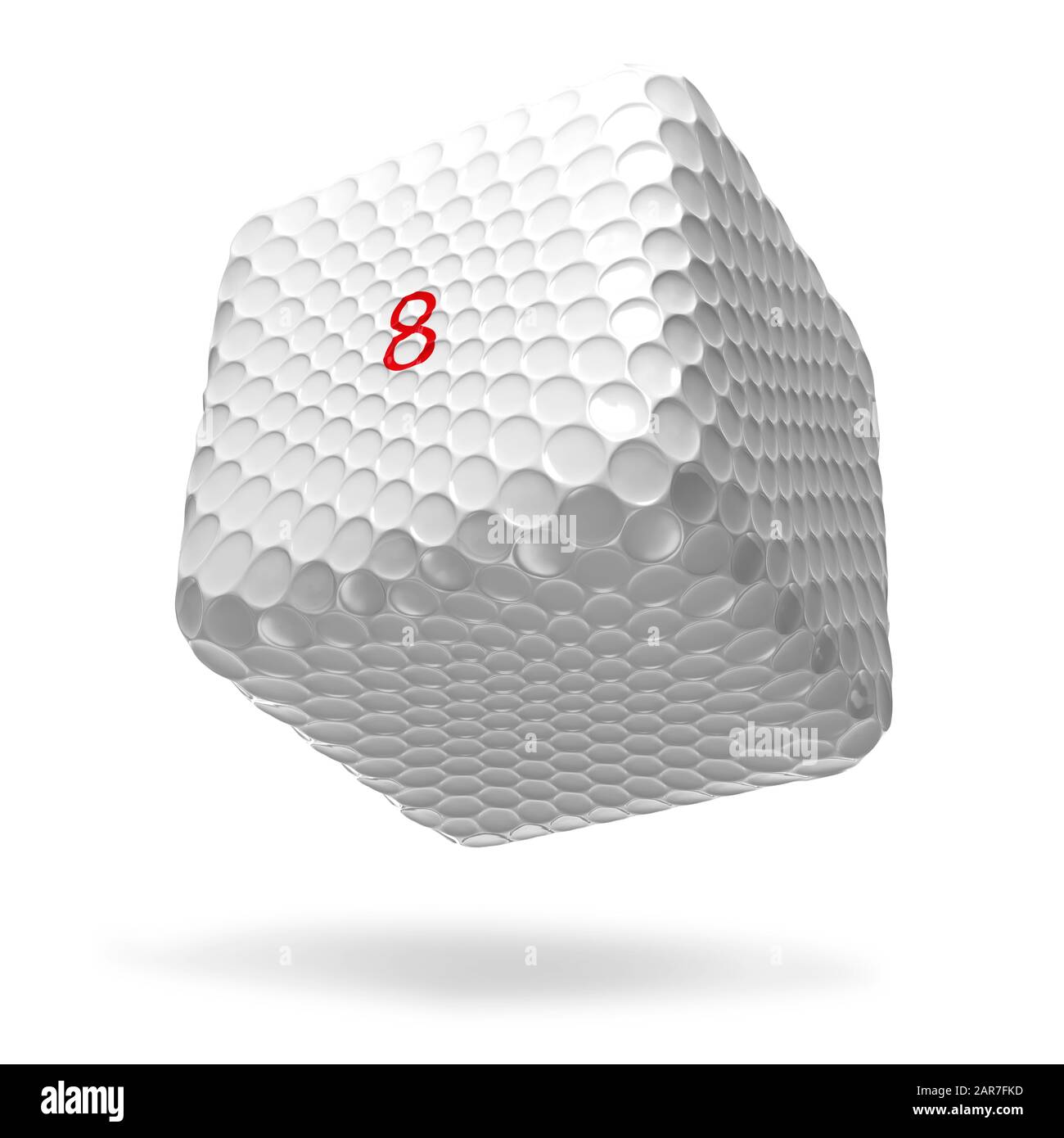 Quadratischer Golfball prallt auf weißem Hintergrund Stockfoto