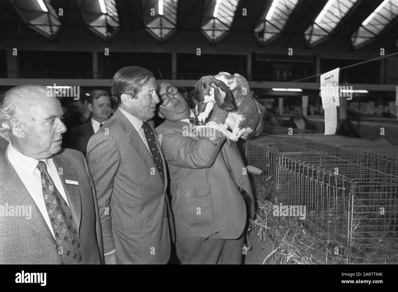Prinz Claus eröffnet die Ausstellung Savoa European Little Indies Exhibition im RAI Prince Claus Views a Rabbit at the Exhibition Date: November 27, 1981 Ort: Amsterdam, Noord-Holland Schlüsselwörter: Kaninchen, Öffnungen, Fürsten, Ausstellungen persönlicher Name: Claus, Prince Stockfoto