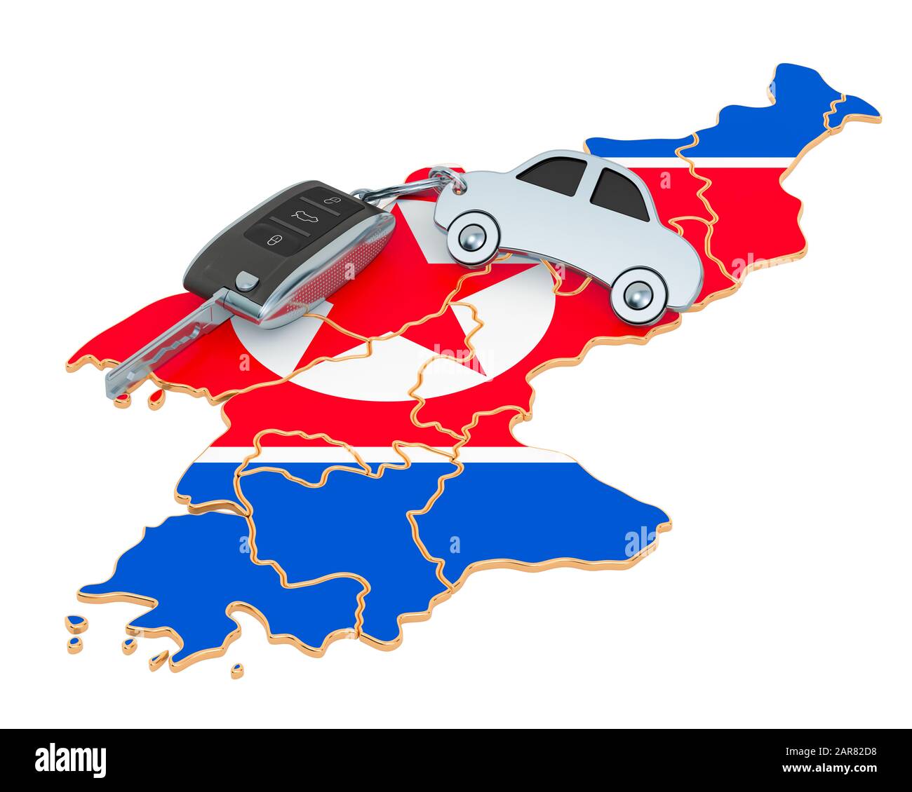 Verkauf oder Miete von Autos in Nordkorea Konzept, 3D Rendering isoliert auf weißem Hintergrund Stockfoto