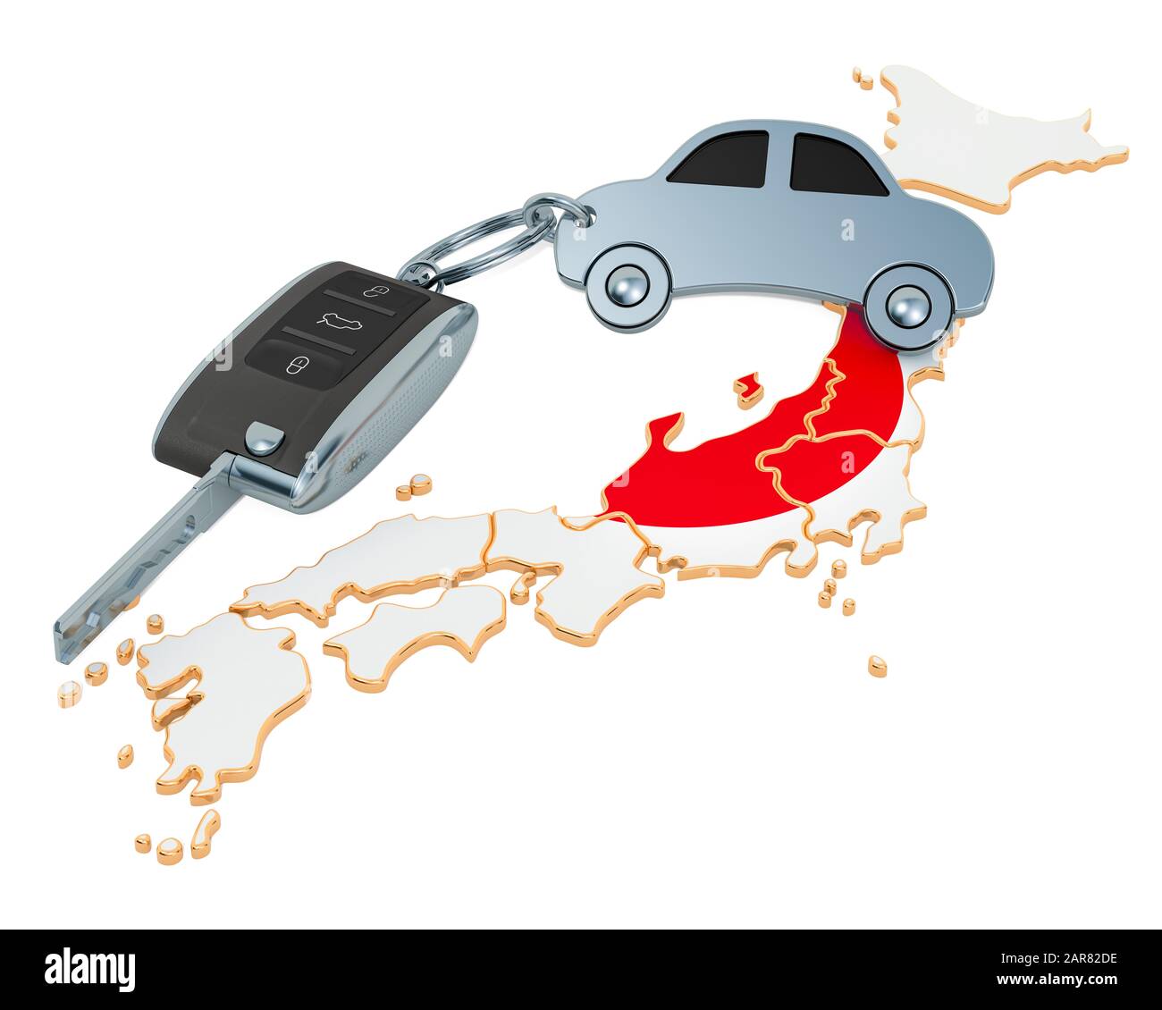 Verkauf oder Miete von Auto in Japan Konzept, 3D Rendering isoliert auf weißem Hintergrund Stockfoto