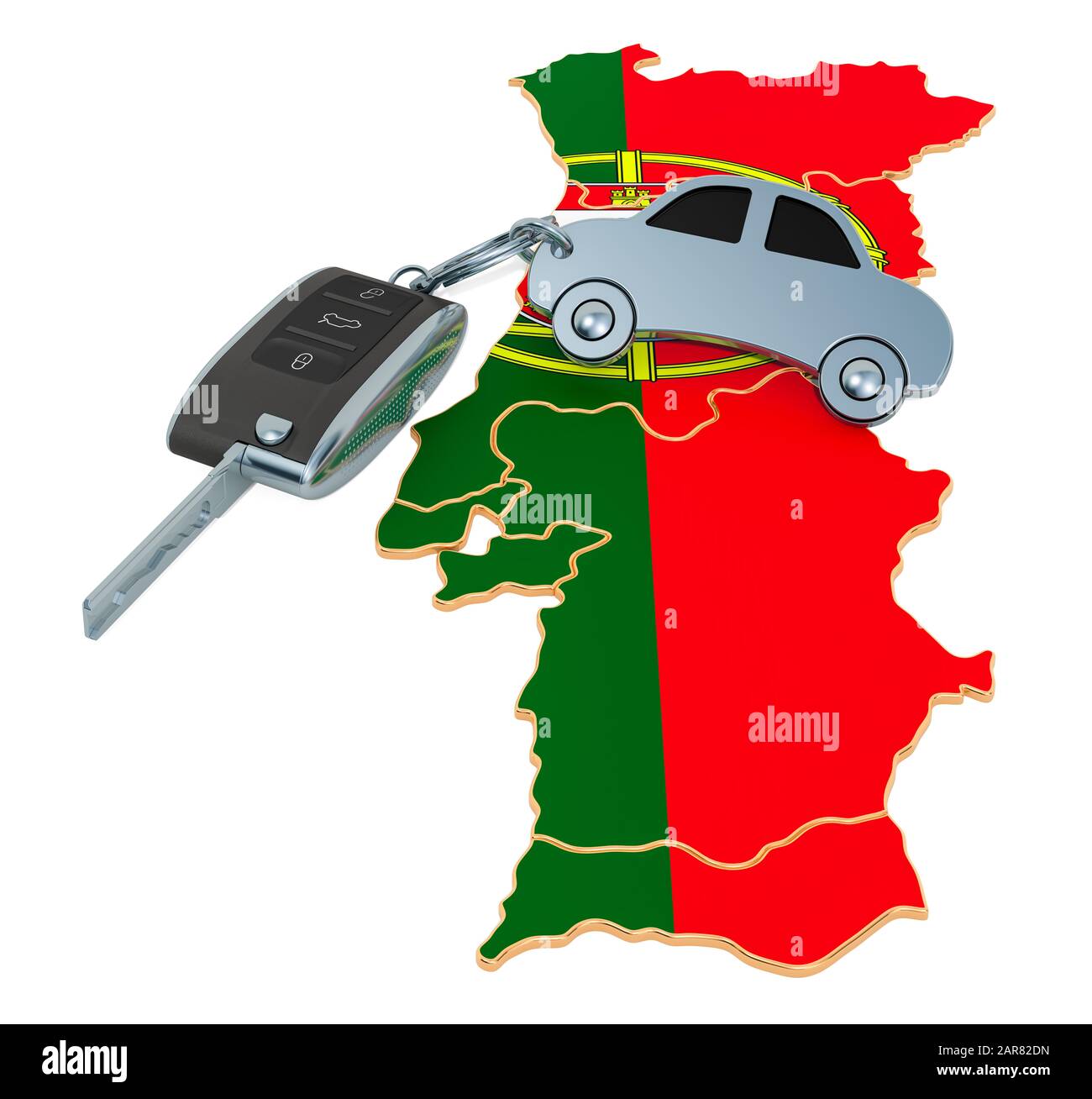 Verkauf oder Mietauto in Portugal Konzept, 3D-Rendering isoliert auf weißem Hintergrund Stockfoto
