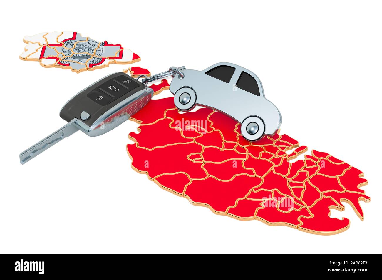 Verkauf oder Miete von Auto in Malta Konzept, 3D Rendering isoliert auf weißem Hintergrund Stockfoto