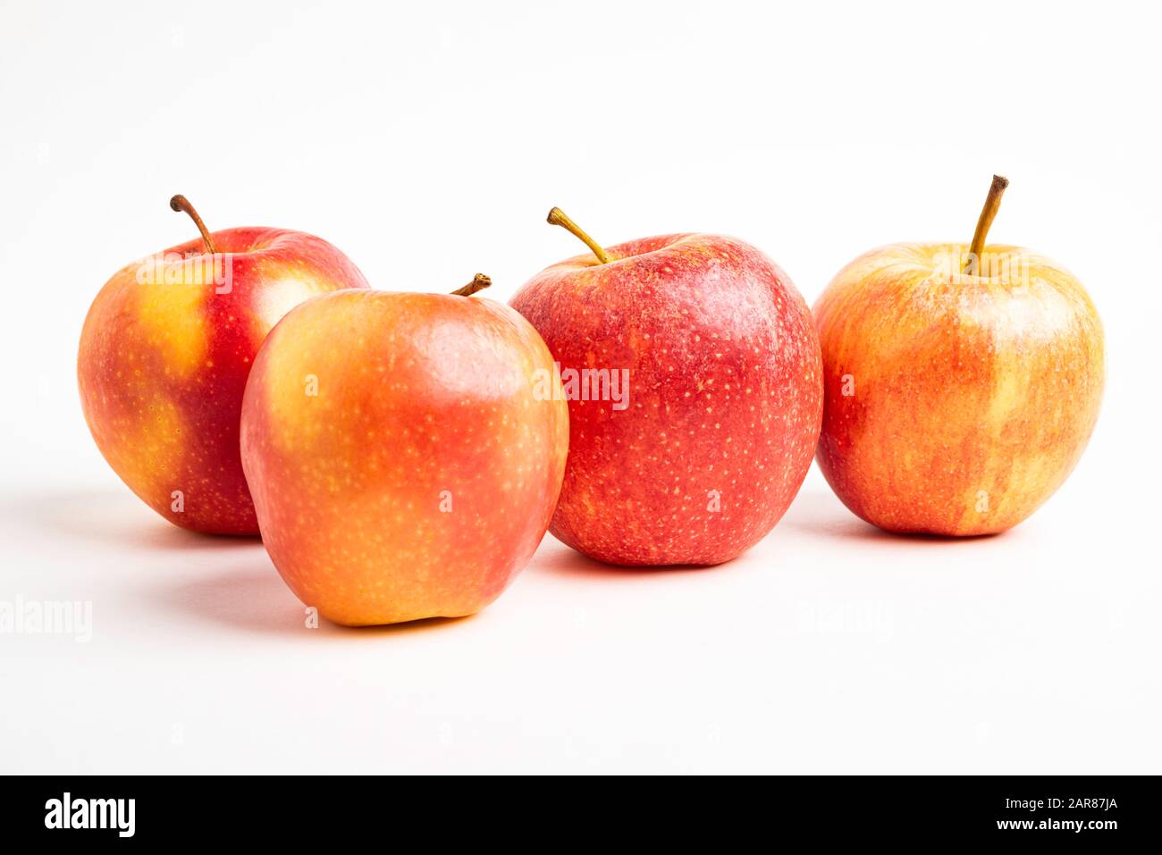 Eine Gruppe von vier frischen roten Äpfeln setzt auf einen neutralen Hintergrund. Stockfoto
