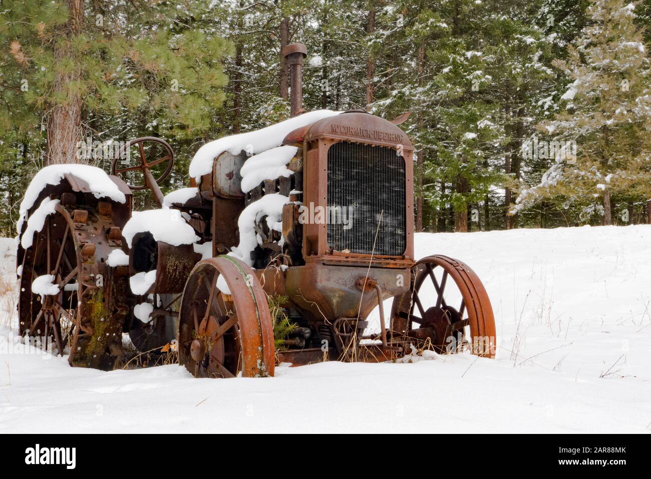 Ein alter Traktor vom Typ Mc Cormick-Deering von 1929 10-20 im Schnee, entlang des Überschwemmungsgebiets Rock Creek südöstlich von Clinton im Missoula County, Montana Stockfoto