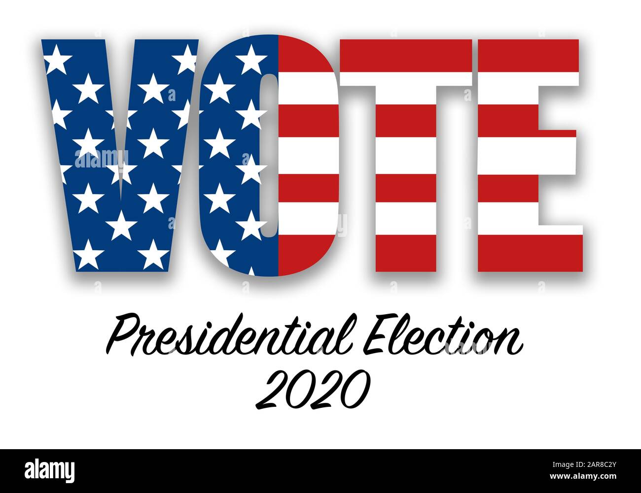 Das Wort STIMMT mit der Flagge der USA und mit Sternen und Streifen in den Buchstaben und dem Text Präsidentenwahl 2020 auf weißem Hintergrund. Stockfoto