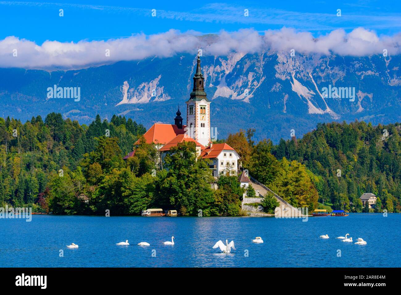 Bled Island am Bleder See, ein beliebtes Touristenziel in Slowenien Stockfoto