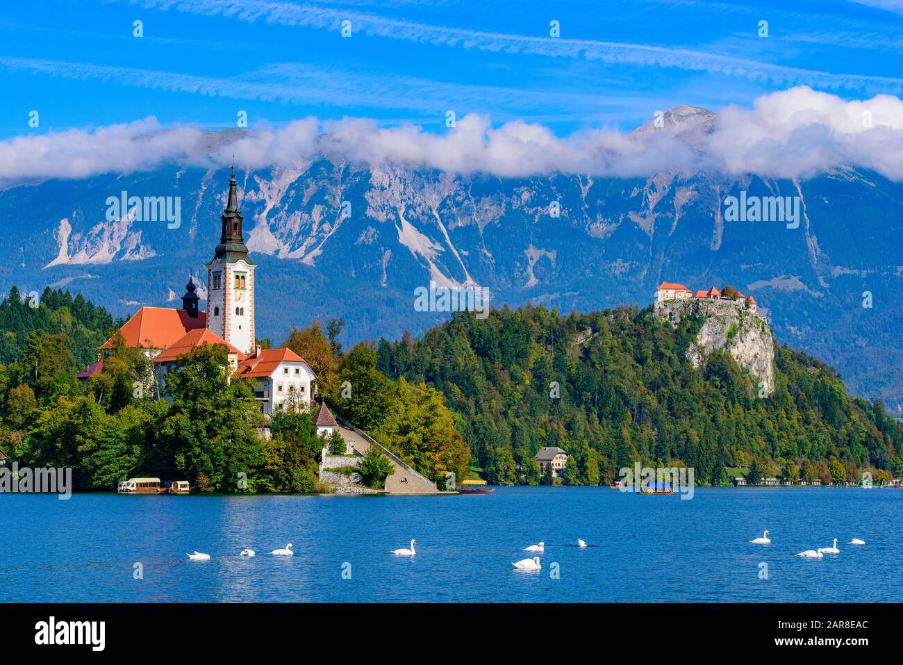 Bled Island am Bleder See, ein beliebtes Touristenziel in Slowenien Stockfoto