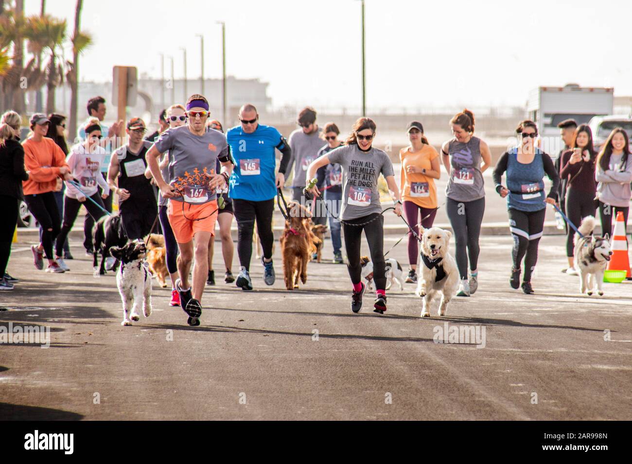 Die begeisterten Hundebesitzer, die ihre Haustiere an Leinen halten, verlassen die Startlinie eines 10.000-km-Rennens "Doggie Dash" auf einem Weg am Meer in Huntington Beach, CA. Stockfoto