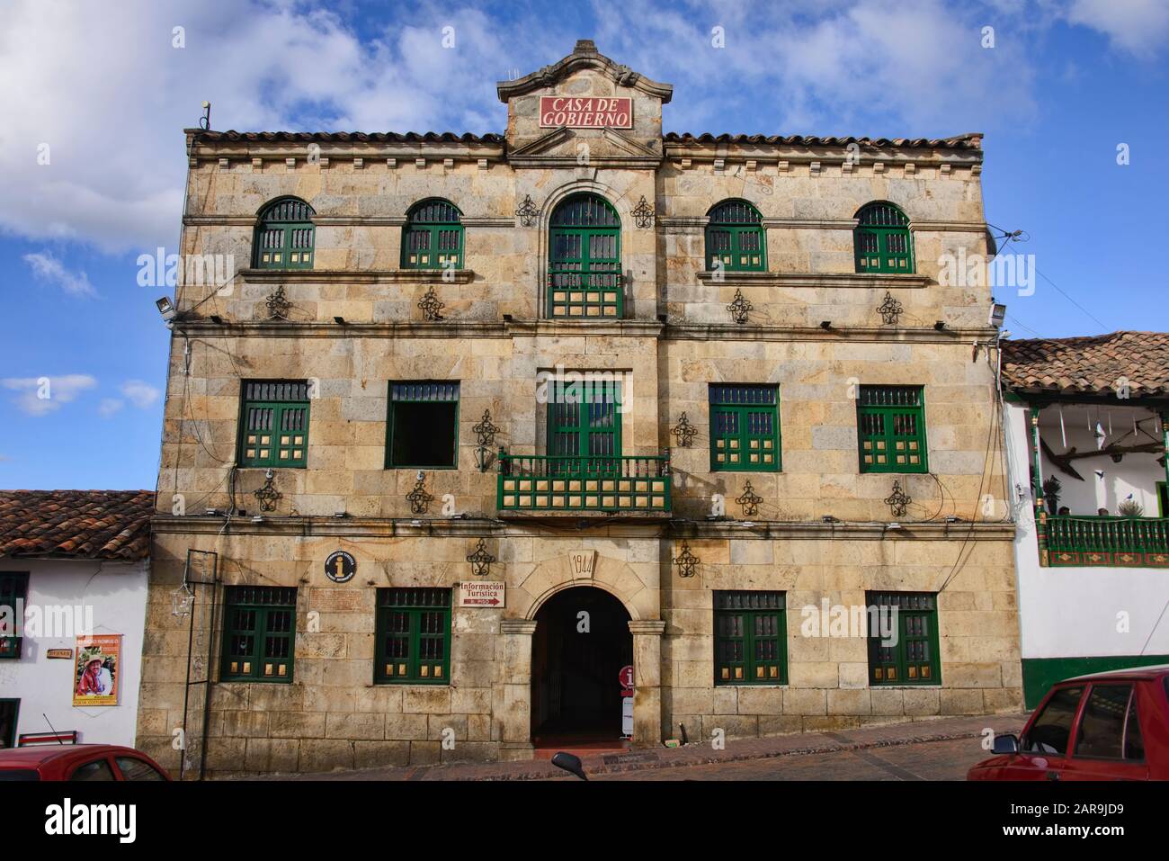 Casa del Gobierno in der kolonialen Stadt Monguí, Boyaca, Kolumbien Stockfoto