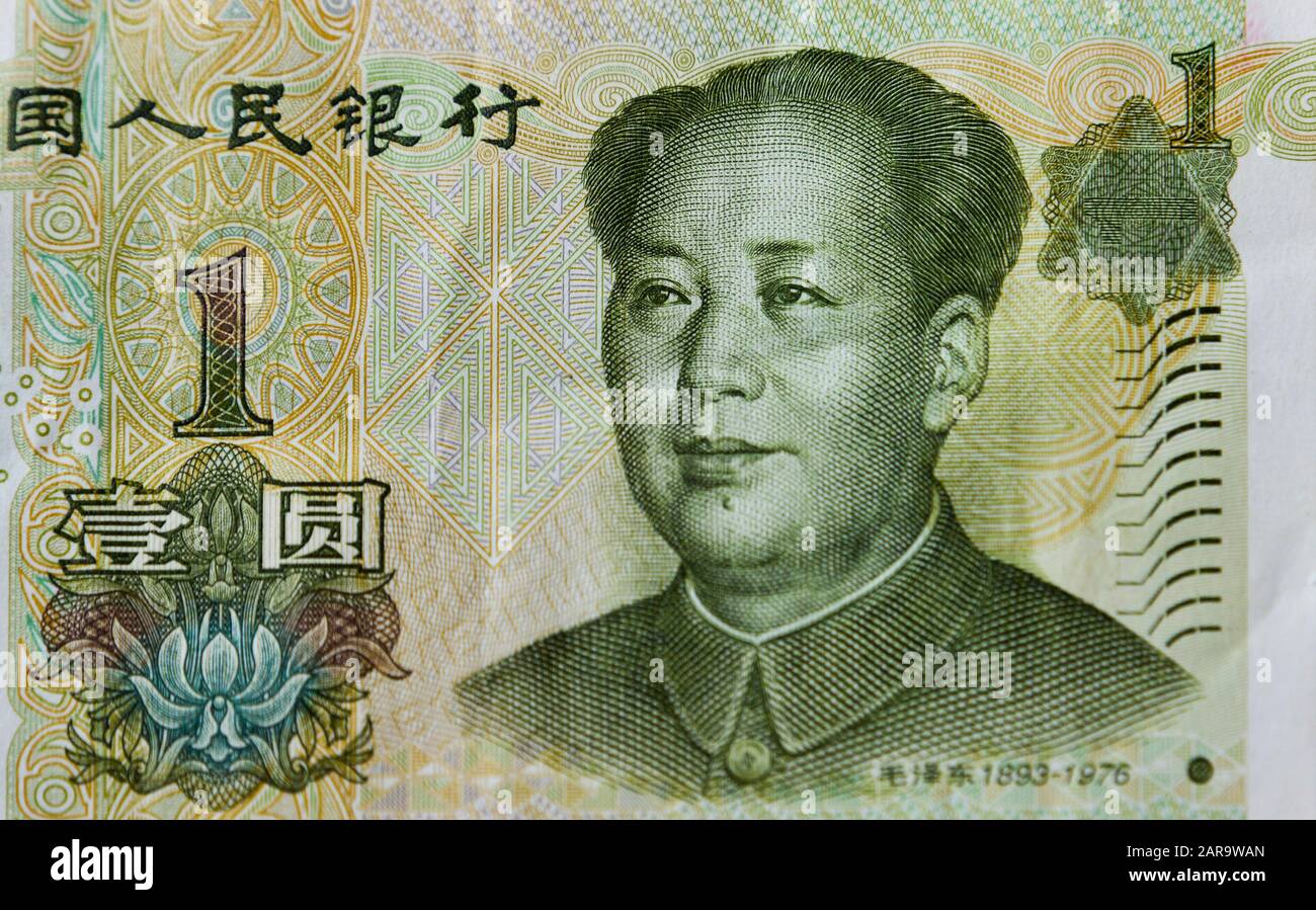 Chinesischer Renminbi mit Porträt des Vorsitzenden Mao. Stockfoto