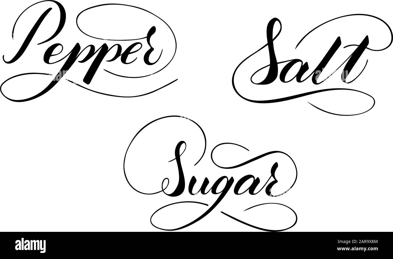 Vektor Hand schriftliche Pfeffer, Salz und Zucker Text auf weißem Hintergrund. Küche süße Gewürze zum Kochen. Script brushpen Schriftzug mit flouris Stock Vektor
