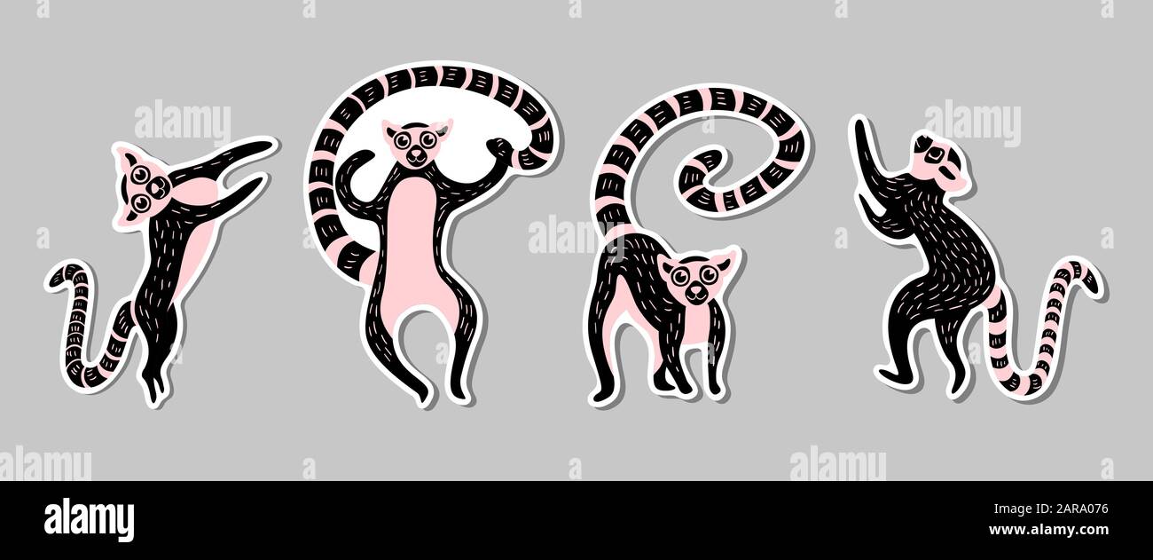 Set mit Aufklebern mit süßen schwarzen und rosafarbenen Lemuren. Flache Vektorgrafiken. Stock Vektor