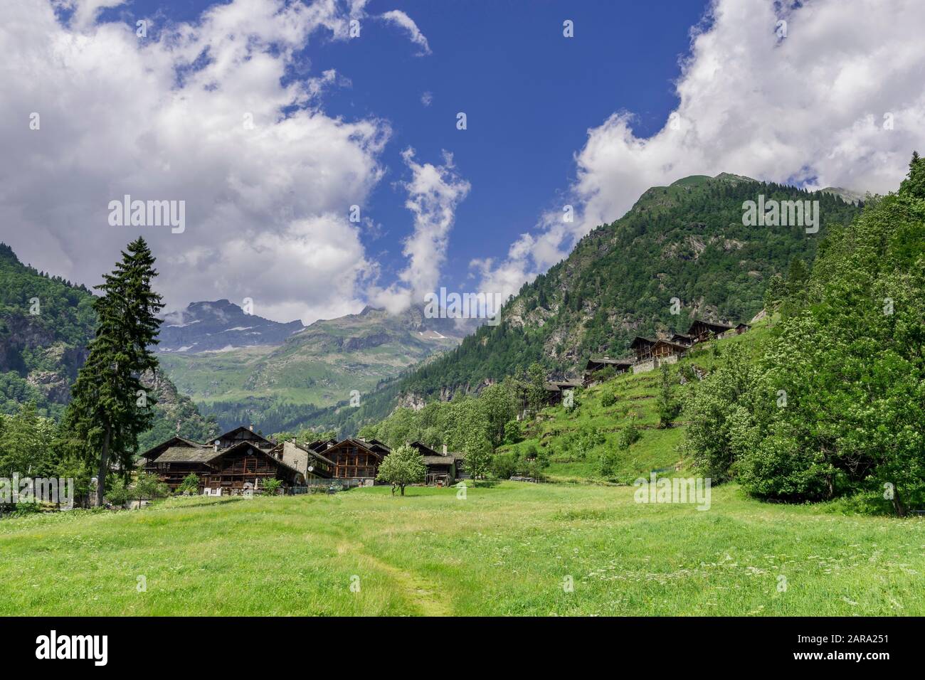 Alte Walser Häuser in Pedemonte, Alagna Valsesia, Provinz Vercelli, Piemont, Italien Stockfoto