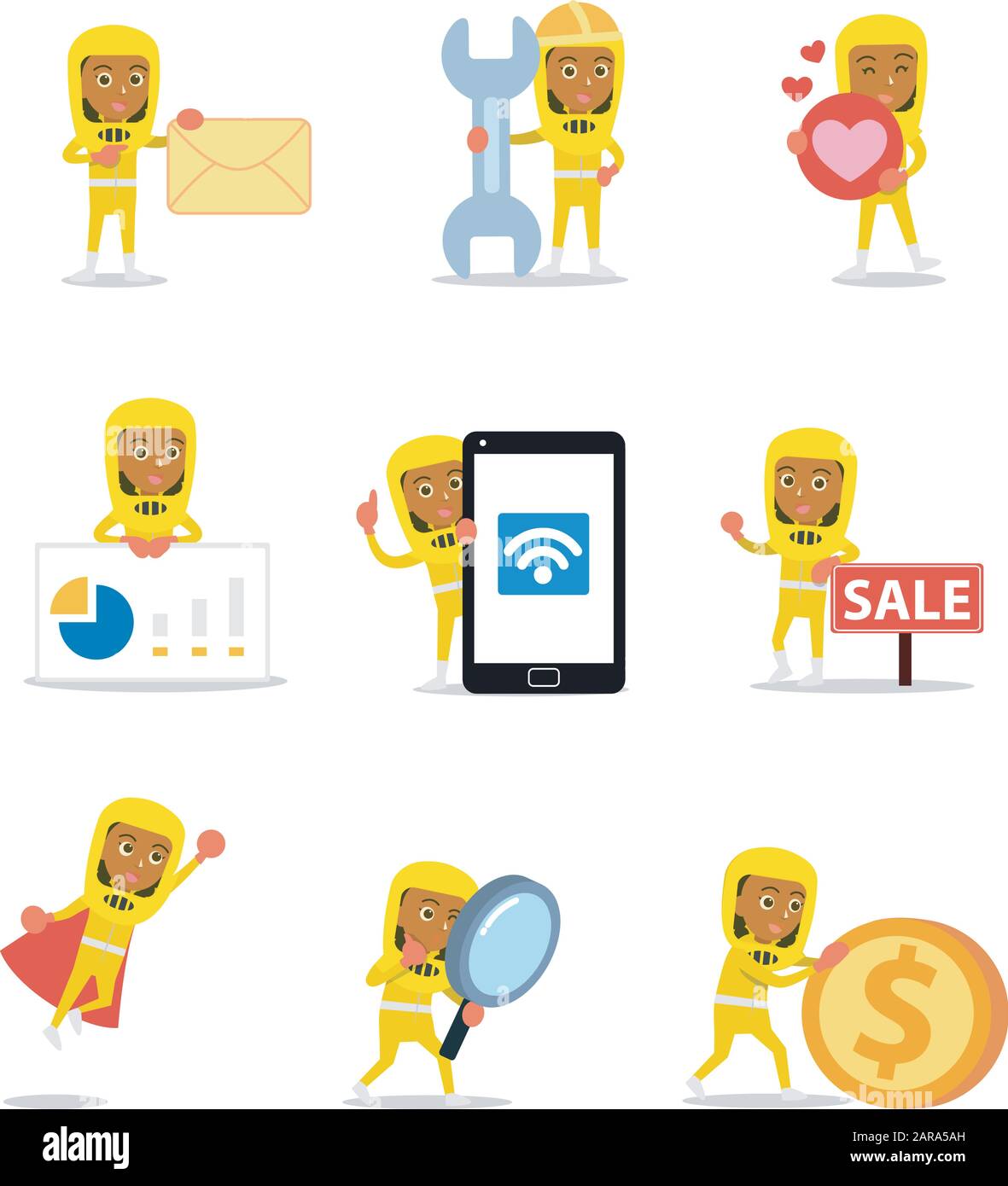 Satz von weiblichen Lernenden, Gefahrgutschutz für Arbeiter. Stock Vektor