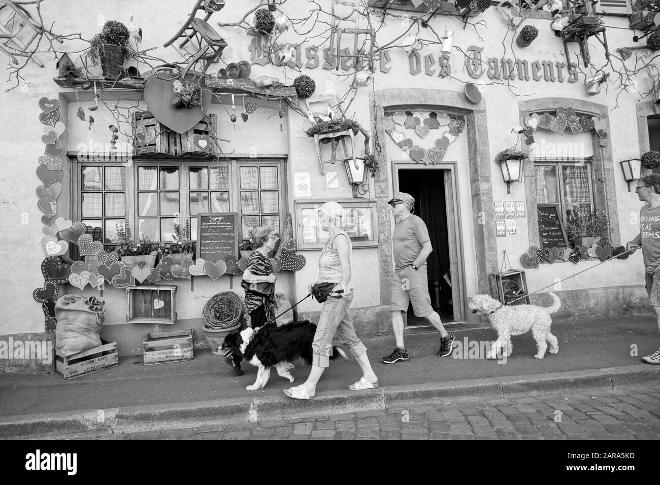 Menschen, die Hunde spazieren gehen, Brasserie des Tanneurs, Colmar, Haut Rhin, Grand EST, Frankreich, Europa Stockfoto