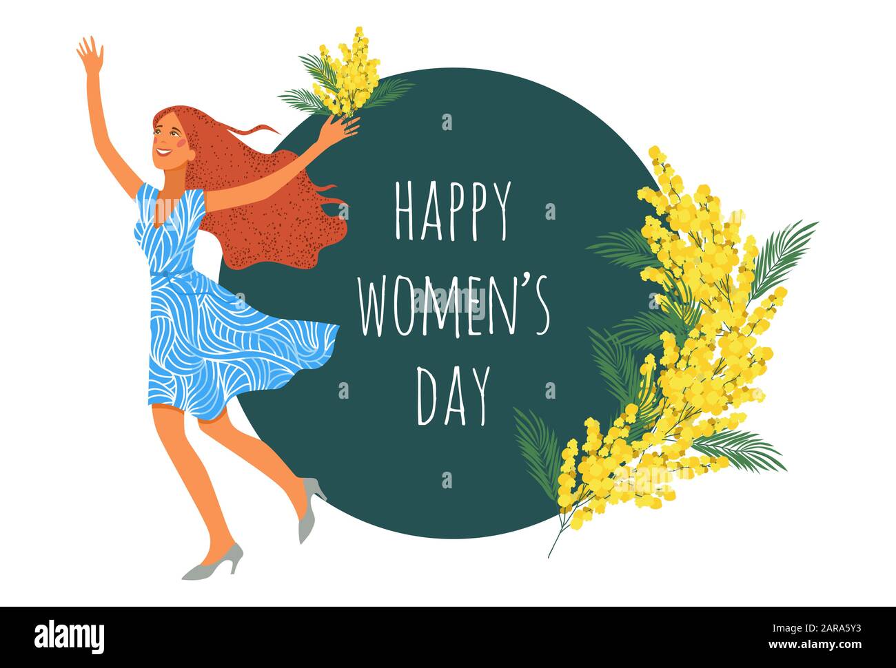 Tag der glücklichen Frauen. Freudiges Mädchen mit Blumen aus Mimosen. Flat Cartoon Hand Draw Vektor Illustration Stock Vektor