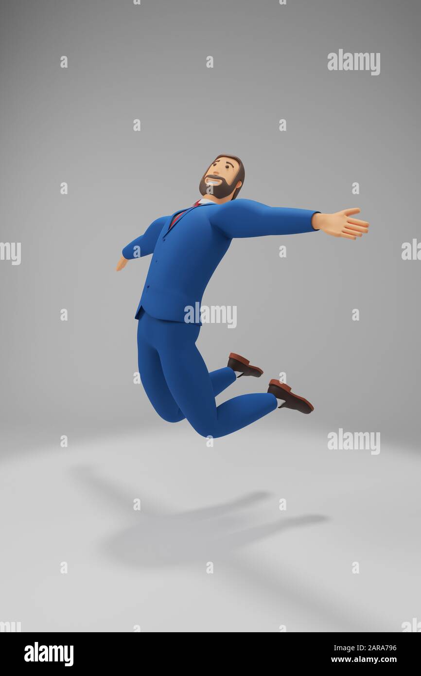 Cartoon-Charakter, Geschäftsmann im Anzug freut sich und prallt. Konzepterfolg bei einem Start. 3D-Rendering Stockfoto
