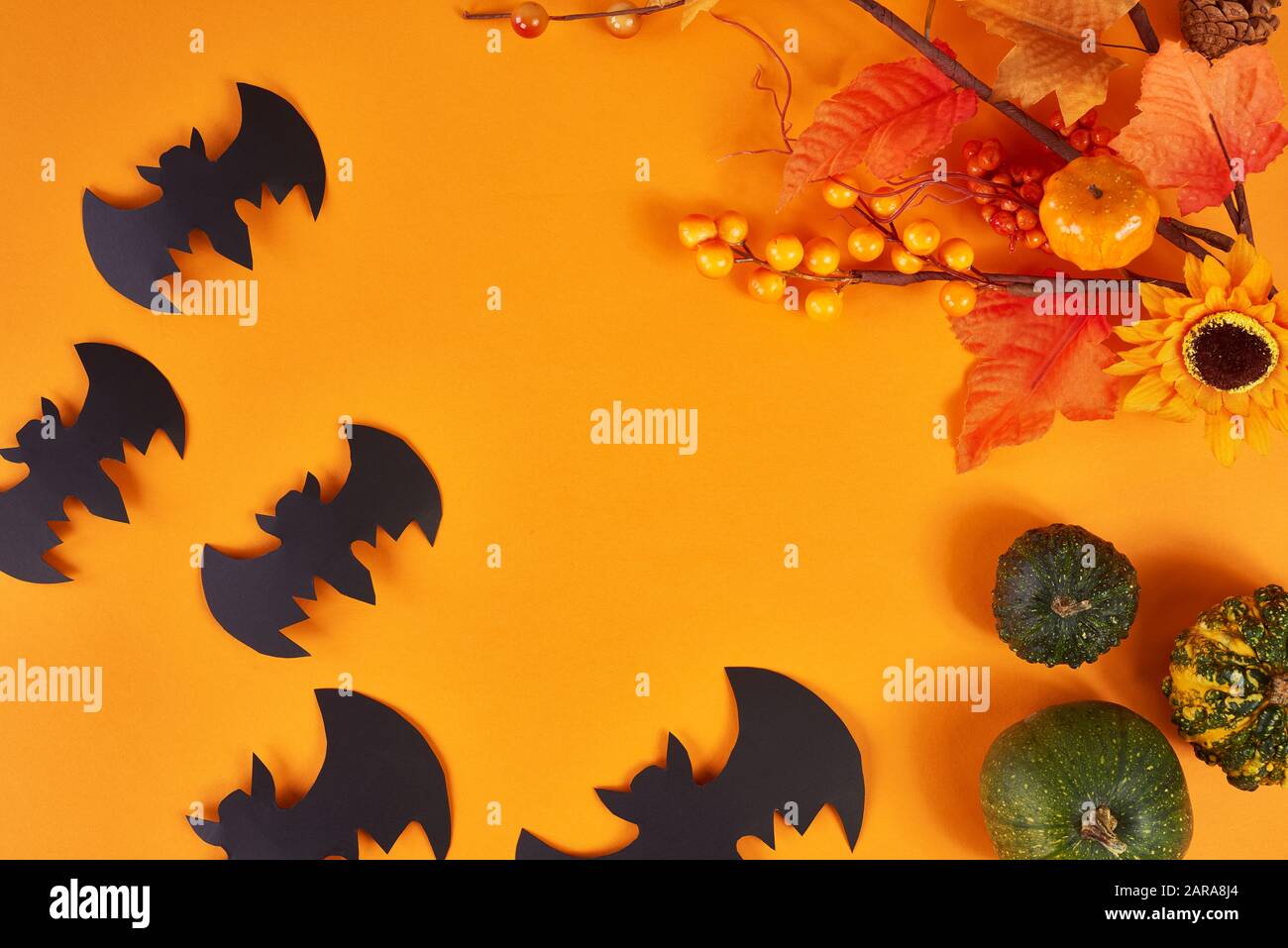 Halloween Hintergrund mit Fledermäusen und Kürbissen Stockfoto