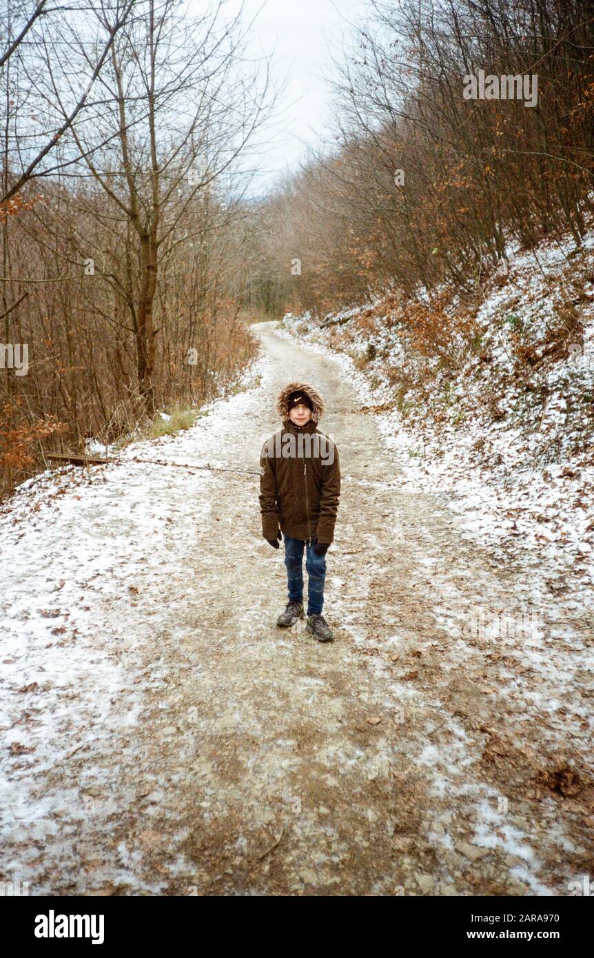 Zehnjähriger Boywalking in Cobenzl Hills und Woodland, Wien, Österreich. Stockfoto