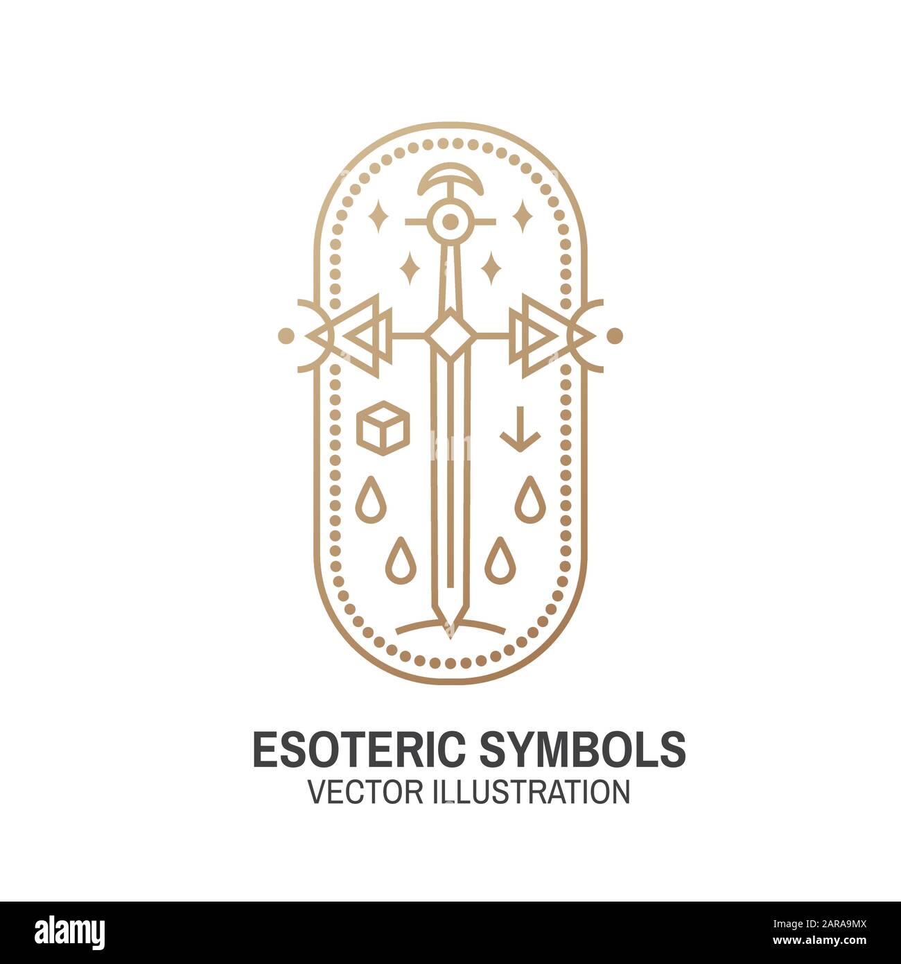 Esoterische Symbole. Vektorgrafiken. Geometrische Plakette mit dünner Linie. Gliederungssymbol für Alchemie oder heilige Geometrie. Mystisches und magisches Design mit Altem Schwert. Stock Vektor