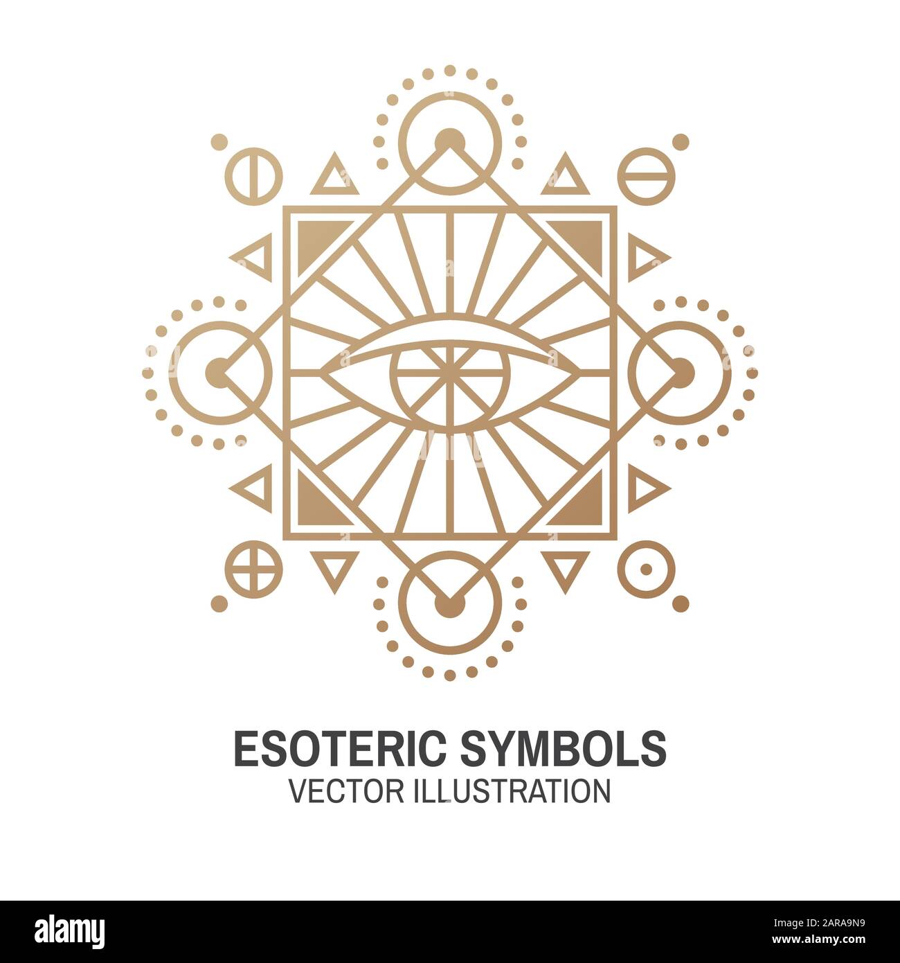 Esoterische Symbole. Vektorgrafiken. Geometrische Plakette mit dünner Linie. Gliederungssymbol für Alchemie oder heilige Geometrie. Mystisches und magisches Design mit all-seeing Eye. Stock Vektor