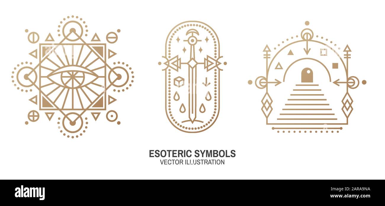 Esoterische Symbole. Vektorgrafiken. Geometrische Plakette mit dünner Linie. Gliederungssymbol für Alchemie oder heilige Geometrie. Mystisches und magisches Design mit einem allsehenden Auge, Tor zu einer anderen Welt und Schwert. Stock Vektor
