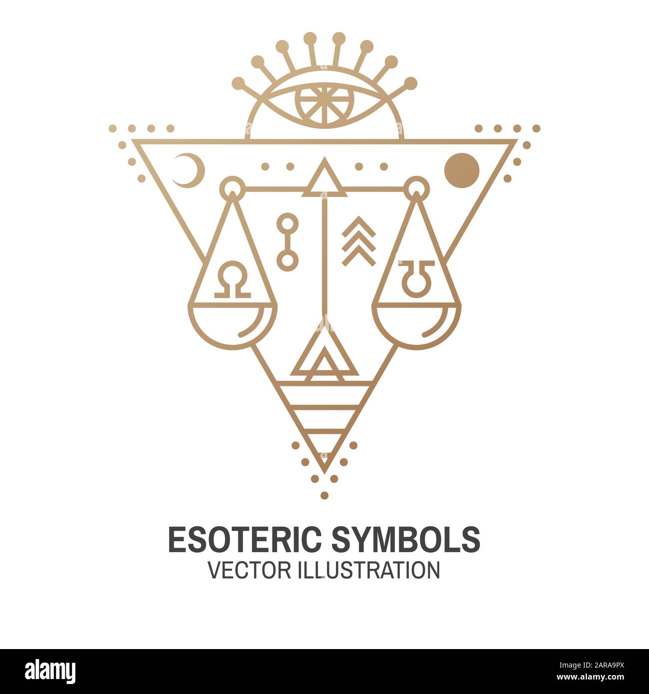 Esoterische Symbole. Vektorgrafiken. Geometrische Plakette mit dünner Linie. Gliederungssymbol für Alchemie oder heilige Geometrie. Mystisches und magisches Design mit durchsehenden Augen- und Gesetzesmaßstab. Stock Vektor