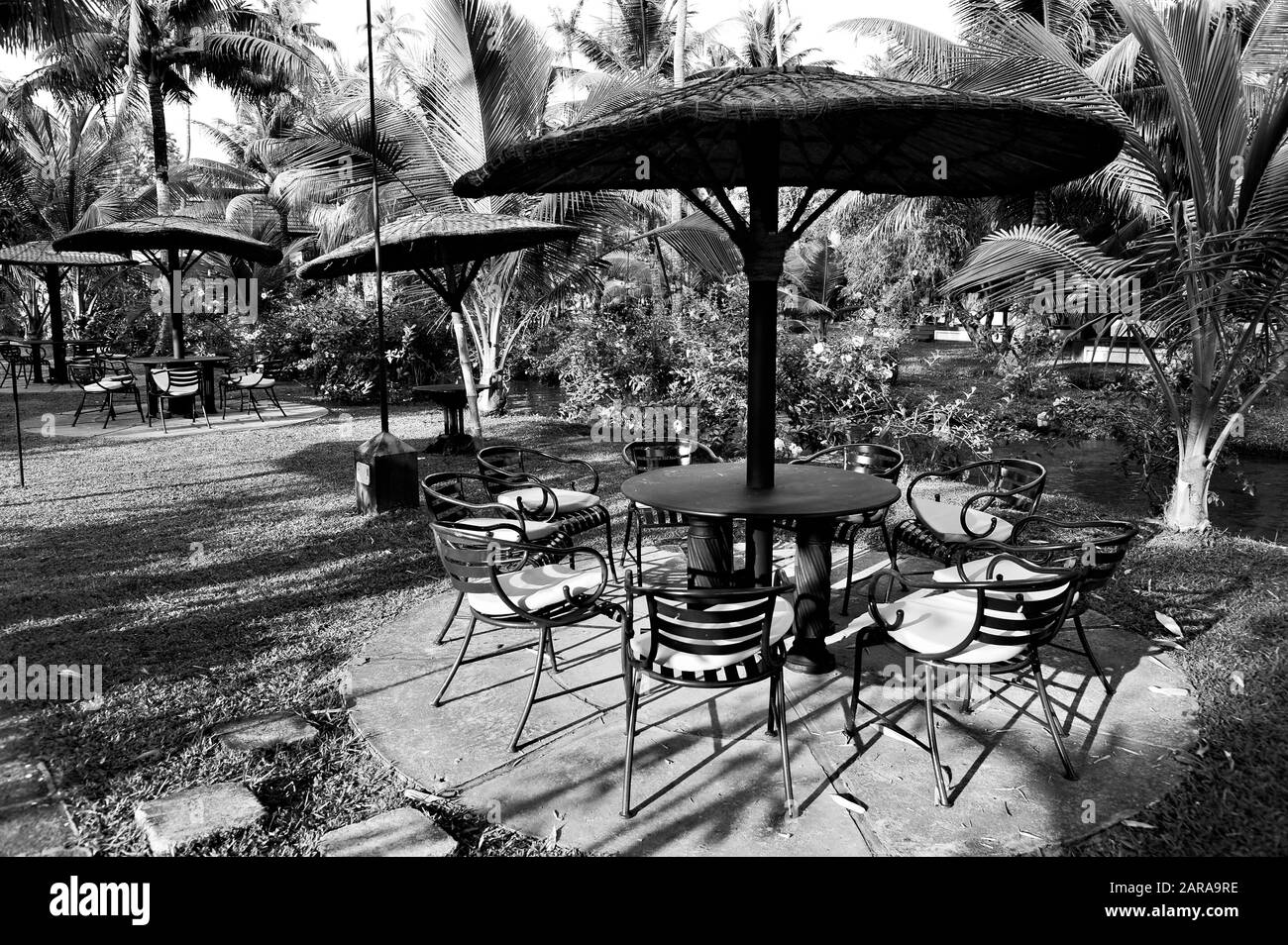 Tische und Stühle im Garten, Kumarakom, Kottayam, Kerala, Indien, Asien Stockfoto