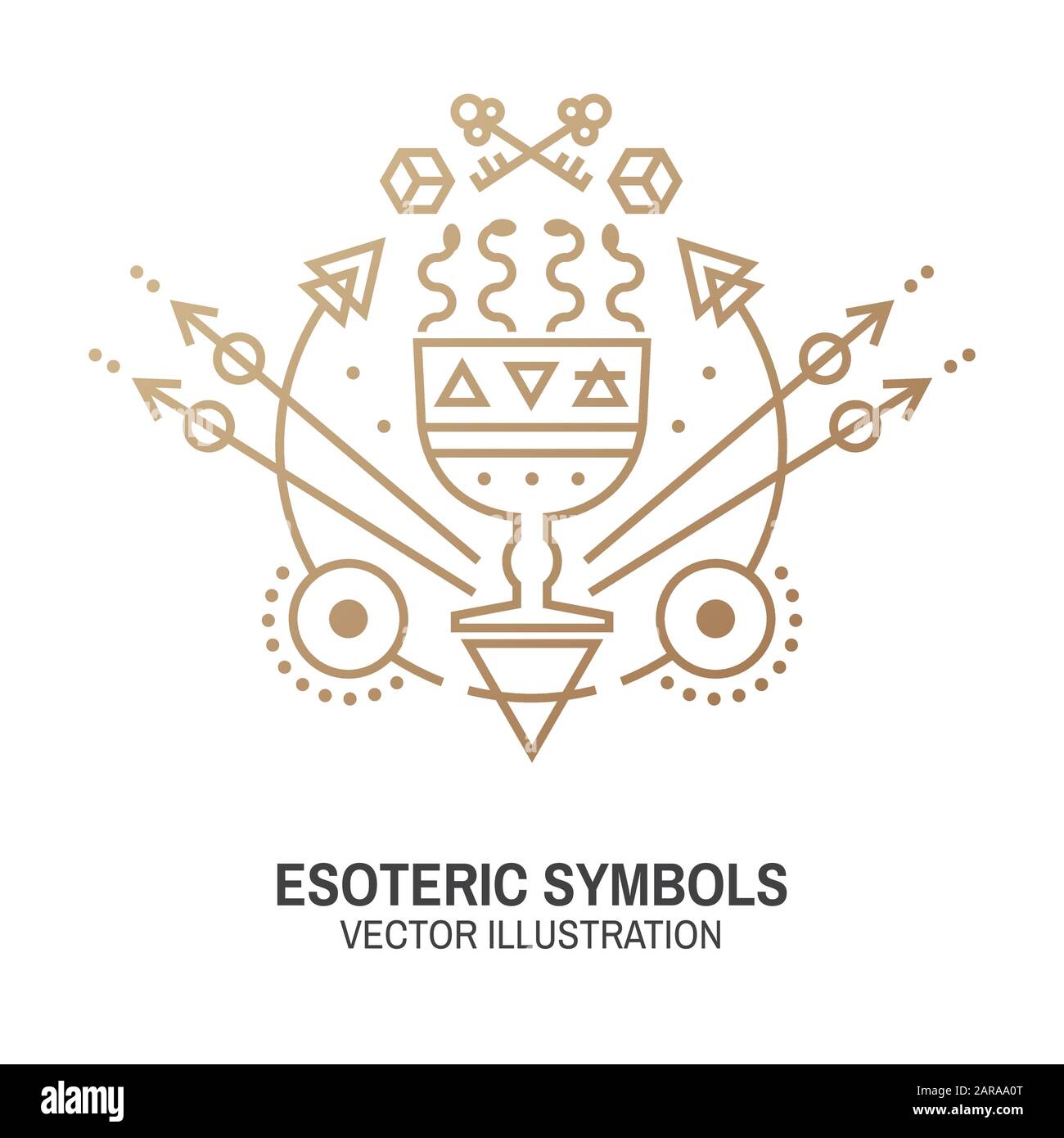 Esoterische Symbole. Vektorgrafiken. Geometrische Plakette mit dünner Linie. Gliederungssymbol für Alchemie oder heilige Geometrie. Mystisches und magisches Design mit Becher und Schlangen. Stock Vektor