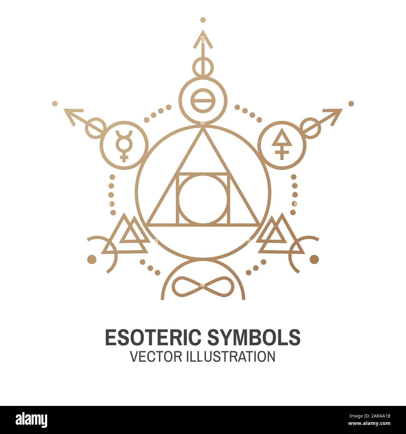 Esoterische Symbole. Vektorgrafiken. Geometrische Plakette mit dünner Linie. Gliederungssymbol für Alchemie oder heilige Geometrie. Mystisches und magisches Design mit Stein der Weisen. Stock Vektor
