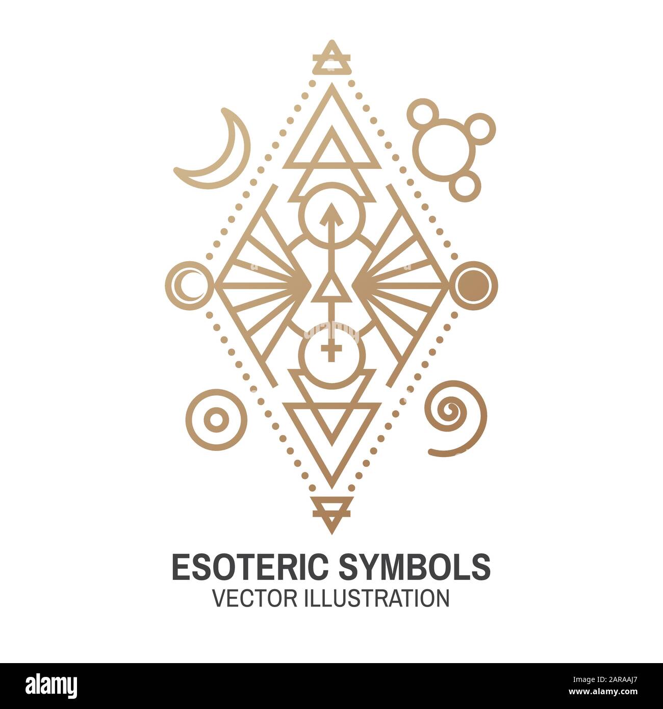 Esoterische Symbole. Vektorgrafiken. Geometrische Plakette mit dünner Linie. Gliederungssymbol für Alchemie oder heilige Geometrie. Mystisches und magisches Design mit alchemischen Symbolen. Stock Vektor