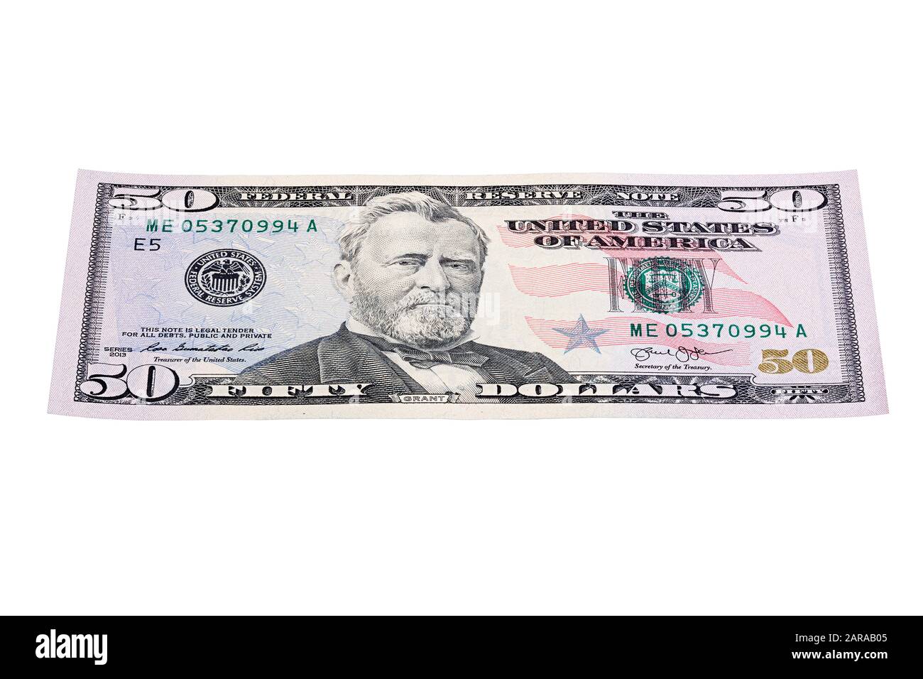 50-Dollar-Banknote auf weißem, gestapeltem Foto isoliert. Stockfoto