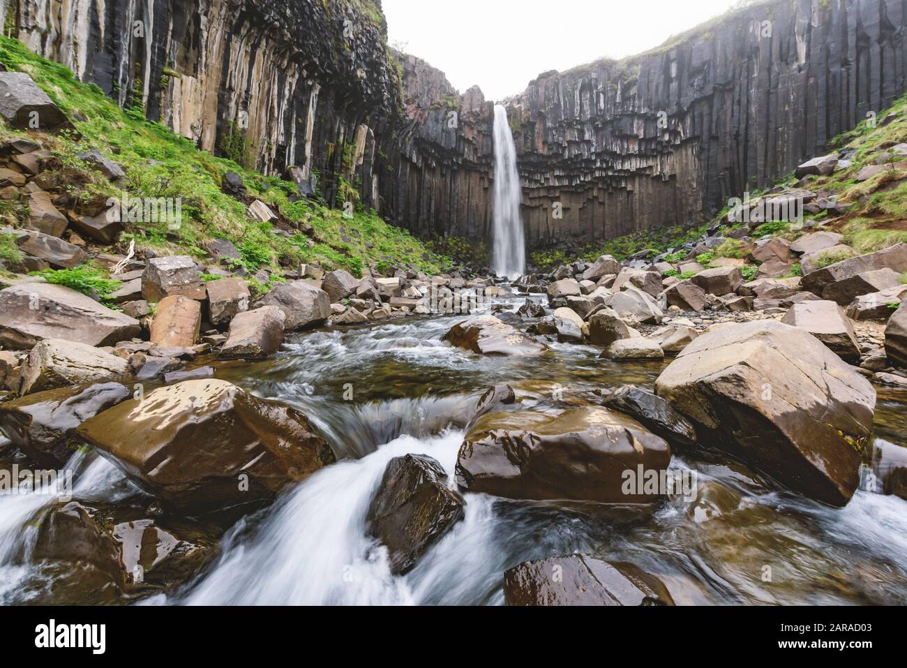 Wunderschöne Landschaft mit berühmtem Wasserfall von Svartifoss, einem weiteren namens Black Fall. Skaftafell, Vatnajokull National Park, Island Stockfoto