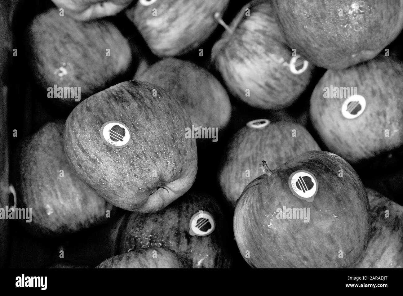 Aufkleber auf Obst, chilenischen Äpfeln, Crawford-Markt, Mahatma Jyotiba Phule Market, Mumbai, Maharashtra, Indien, Asien Stockfoto