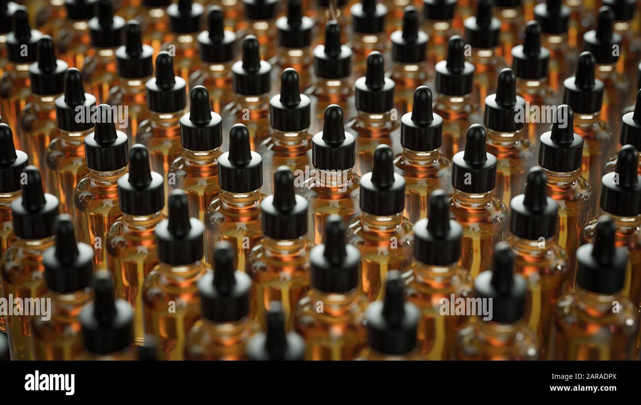 Cannabinoidöl in Flaschen. Behandlung von Krankheiten mit organischen und natürlichen Inhaltsstoffen Stockfoto