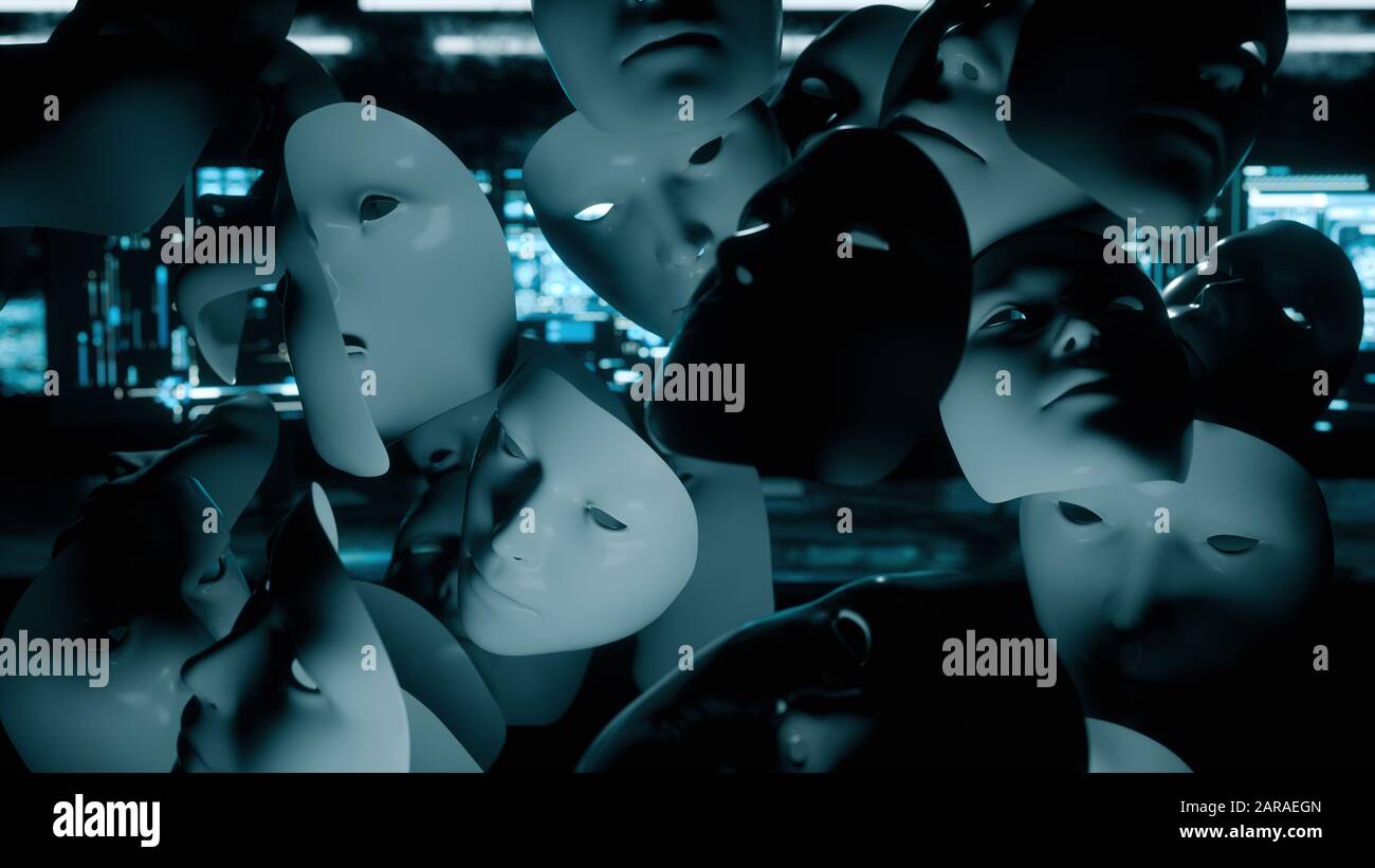 Masken einer Hacktivisten-Gruppe am Datenserver - 3D-Rendern Stockfoto