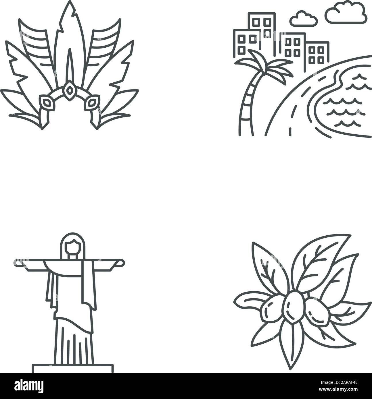 Brazil Pixel perfekte lineare Symbole gesetzt. Krone mit Gefiederung. Südamerika Stadtbild. Christus, der Erlöser. Anpassbare Kontursymbole mit dünnen Linien. Isola Stock Vektor Brazil Pixel perfekte lineare Symbole gesetzt. Krone mit Gefiederung. Südamerika Stadtbild. Christus, der Erlöser. Anpassbare Kontursymbole mit dünnen Linien. Isola Stock Vektor