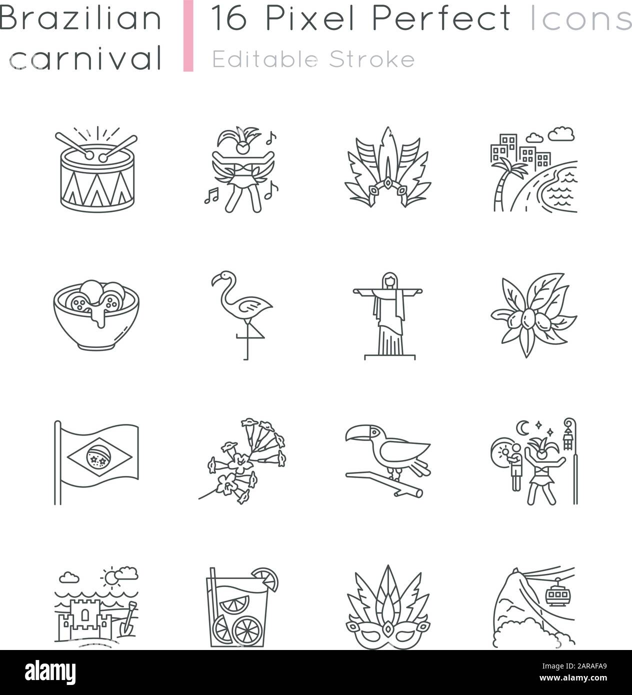 Brazilian Carnival Pixel perfekte lineare Symbole gesetzt. Straßenparty. Südamerikanische Traditionen. Flamingo. Anpassbare Kontursymbole mit dünnen Linien. Isoliert Stock Vektor