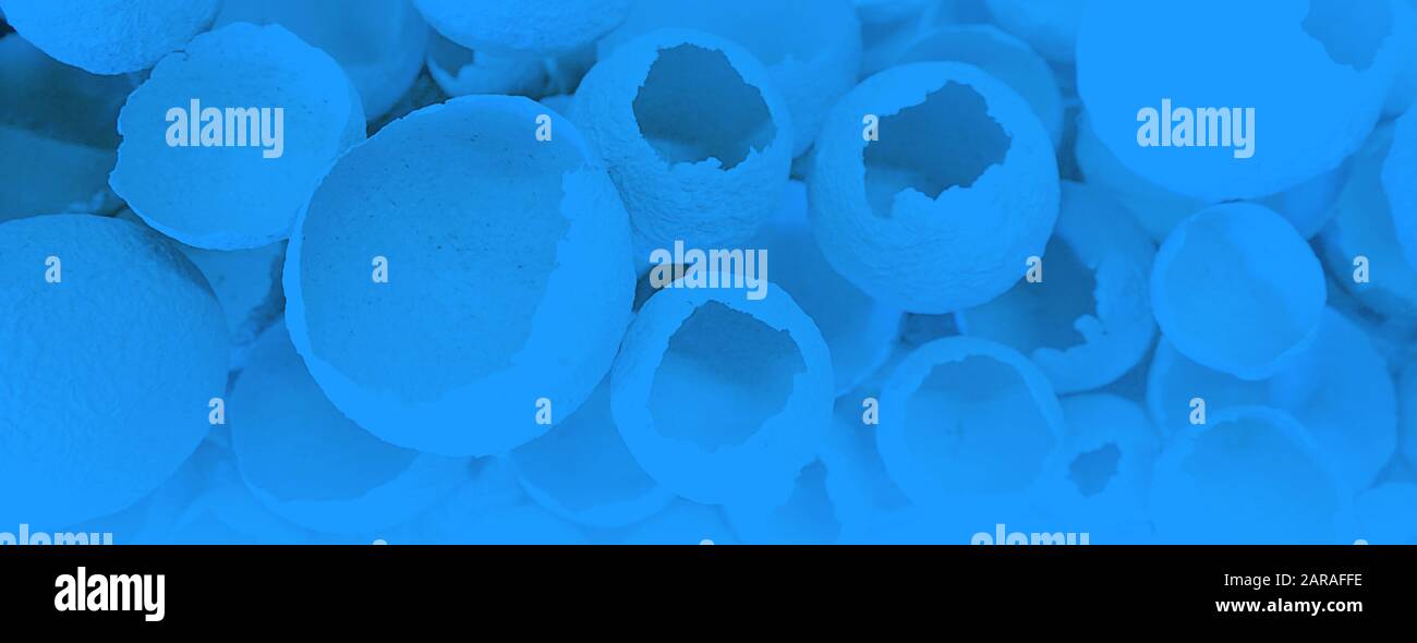 Gerissene Eier auf klassischem blauen Hintergrund. Draufsicht, flache Lage, selektiver Fokus. Osterkreatives Minimalkonzept. Klassische blaue Farbe der Aufschrift "Jahr 2020". Stockfoto