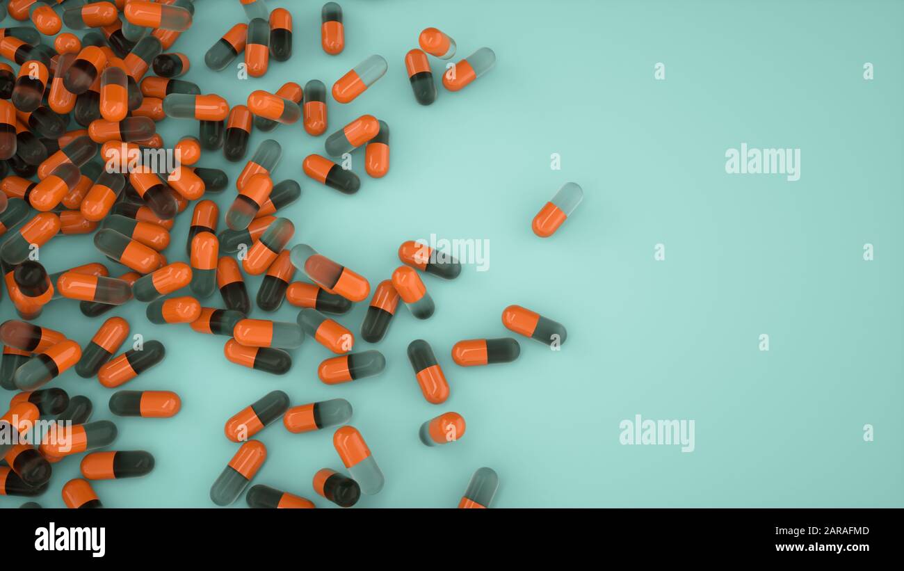 Stapel von orangen Kapseln von Pillen auf einem blauem Hintergrund Draufsicht. Medizin Gesundheit Pharmazie Pharmakologie Konzept - 3D Illustration Stockfoto