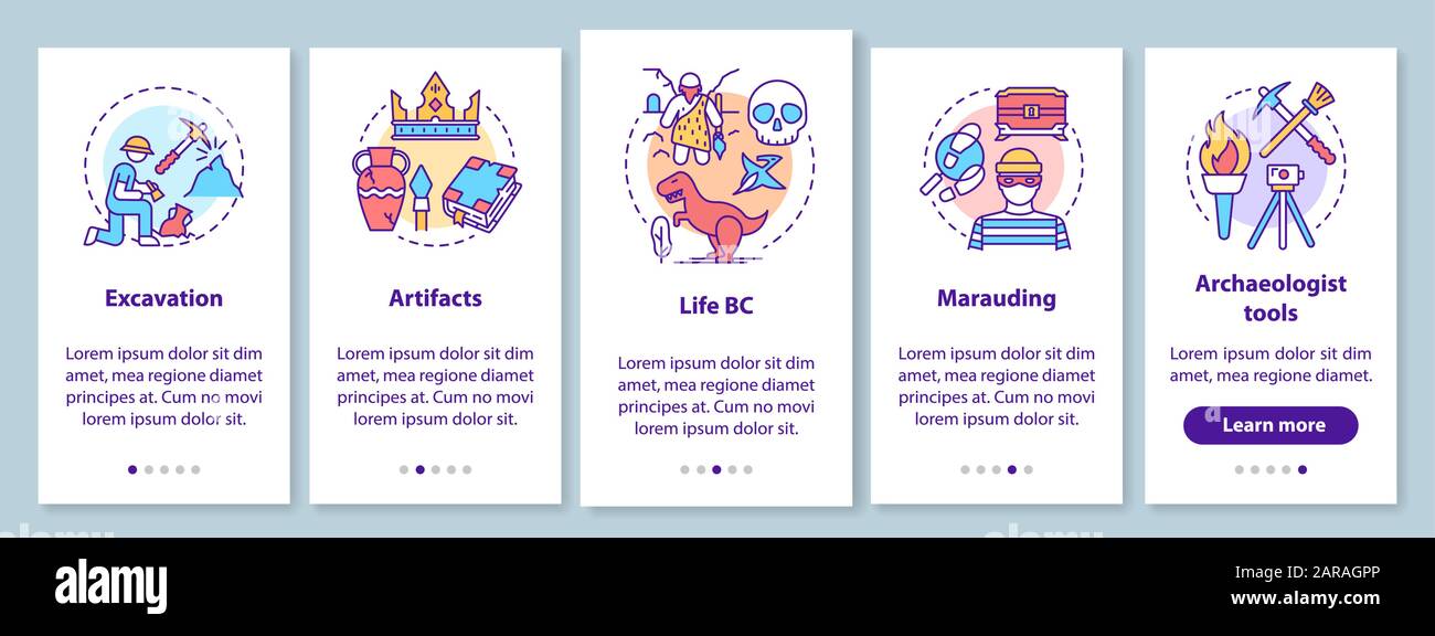 Archaeology Onboarding Mobile App Page Screen mit linearen Konzepten. Baggern und Konservieren von Artefakten Anleitung für die Schritte in der Grafik. UX, UI, Stock Vektor