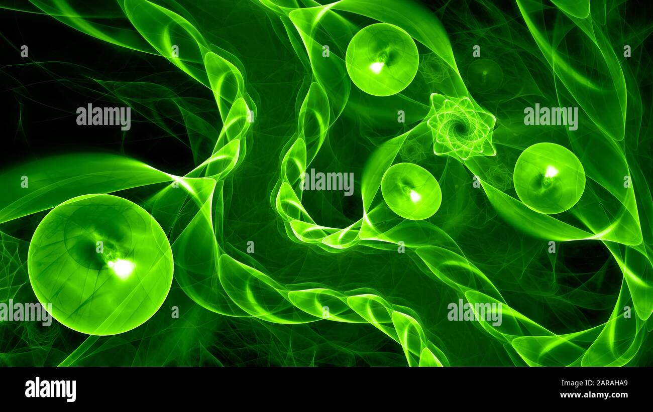 Grün leuchtende Quantenkorrelation abstrakter Hintergrund, 3D-Rendering Stockfoto