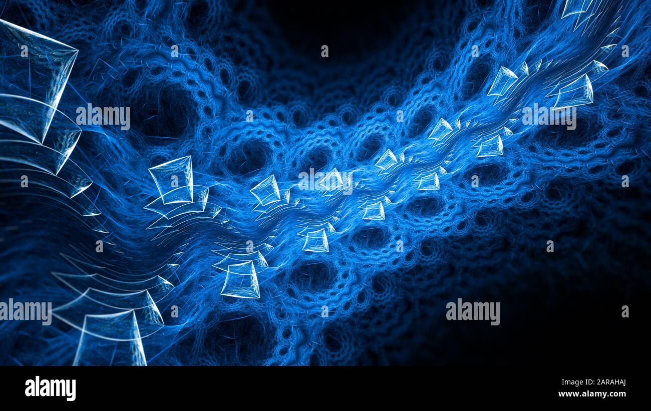 Blau leuchtende fraktale Zierde im All, computergenerierter abstrakter Hintergrund, 3D-Rendering Stockfoto