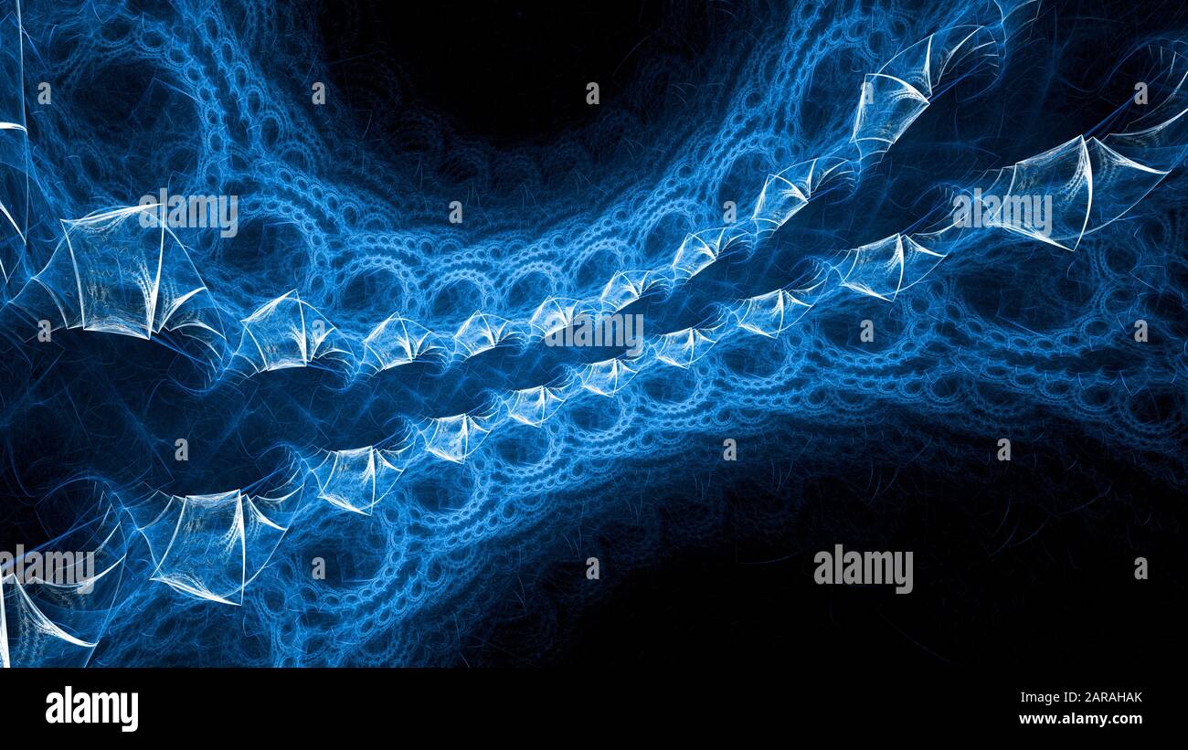 Blau leuchtende abstrakte fraktale Zierde im All, computergenerierter Hintergrund, 3D-Rendering Stockfoto