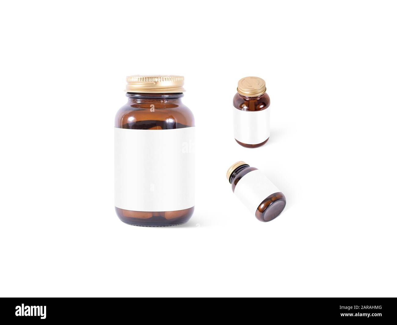 Blank Bernstein Glas Pille kann weiße Etikett Mockup, verschiedene Ansichten Stockfoto