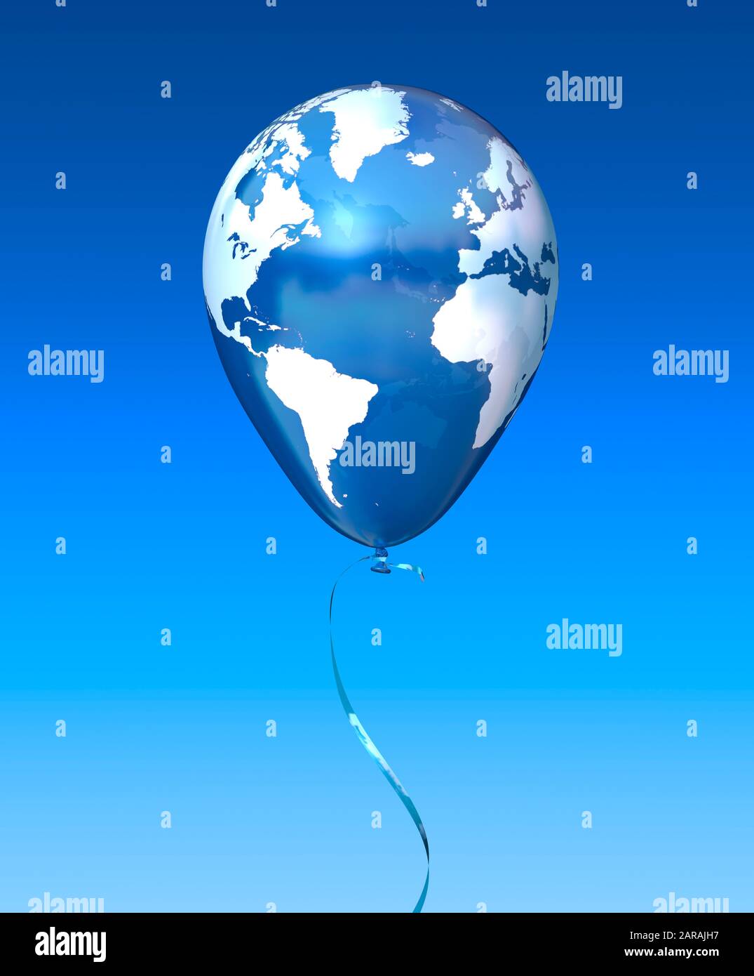 Ballon in Form eines Globus, der in einem blauen Himmel schwebt. Verletzliches, zerbrechliches, empfindliches Gleichgewicht. Stockfoto