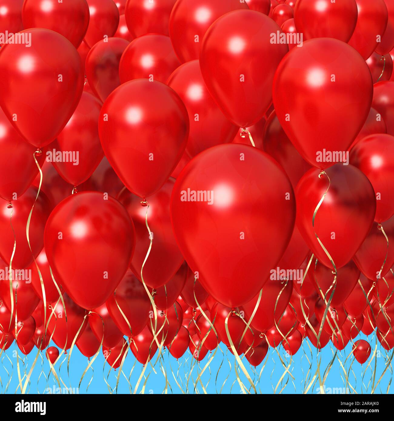 Rote Luftballons drängten sich gegen einen blauen Himmel. 99 rote Luftballons Stockfoto