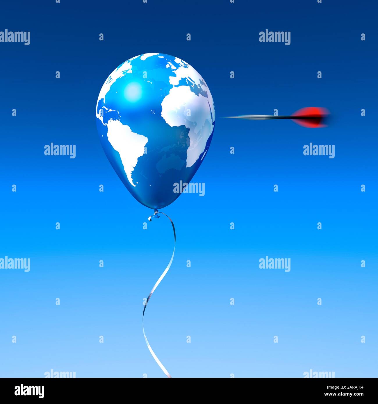 Krise des Klimawandels. Umweltkatastrophe. Ballon geformte Kugel, die von einem Dart durchstochen werden soll. Stockfoto