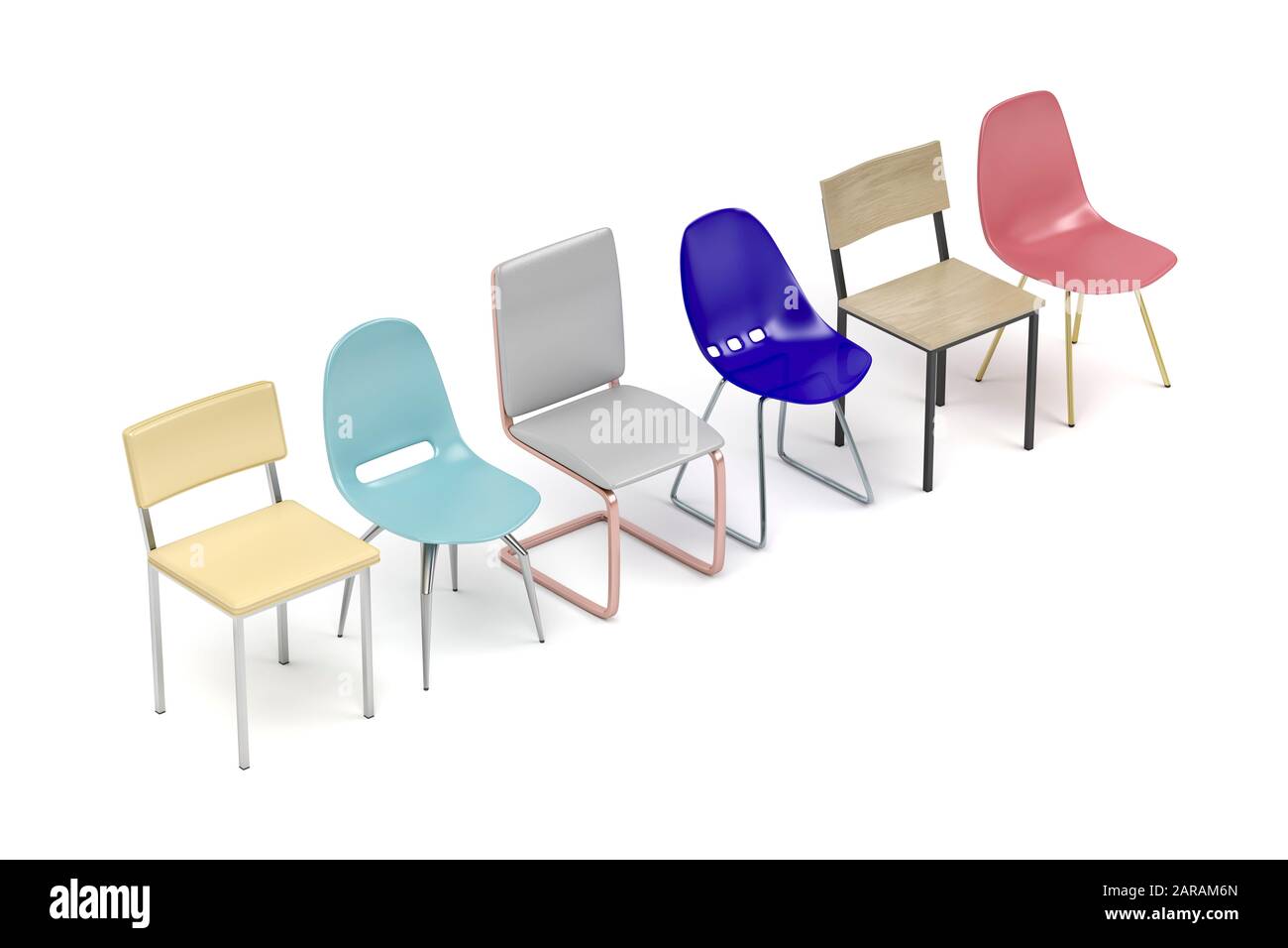 Reihe mit verschiedenen Stühlen auf weißem Hintergrund Stockfoto